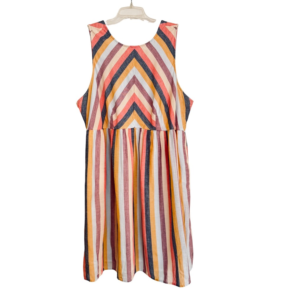 True Craft Women 2X Striped Cotton Babydoll Dress Sleeveless High Front Mini
